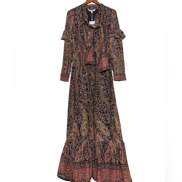 Walter Baker Dresses & Skirts - Walter Baker Maxi Dress Womens Size M Brown Paisley Tie‎ Neck Ruffle Long Slv